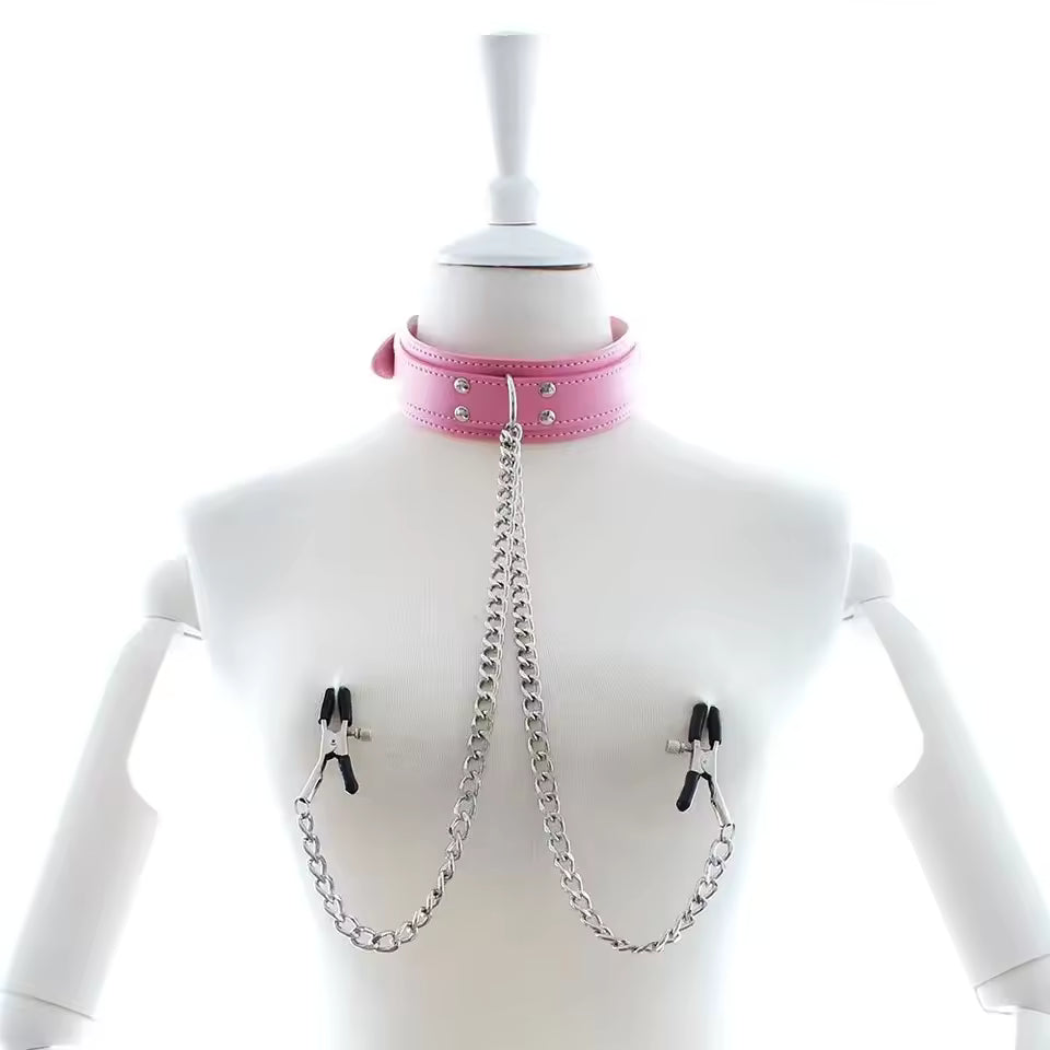 Collier rose avec pinces tétons réglables Plaisir et soumission élégante