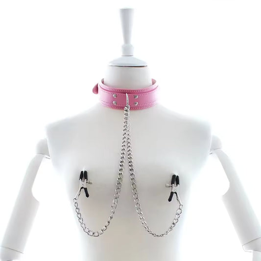 Collier rose avec pinces tétons réglables Plaisir et soumission élégante