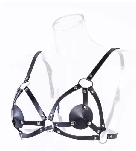 Soutien gorge harnais en simili cuir noir