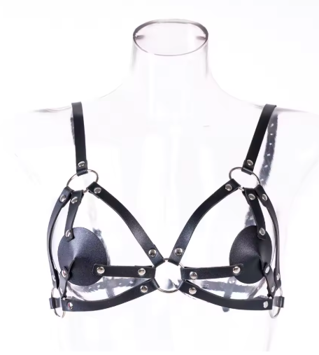Soutien gorge harnais en simili cuir noir