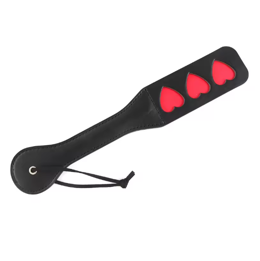 Paddle BDSM cuir noir Discipline avec empreintes de cœurs rouges